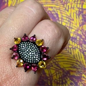 Sapphire, Tourmaline & Diamond Sunflower Ring